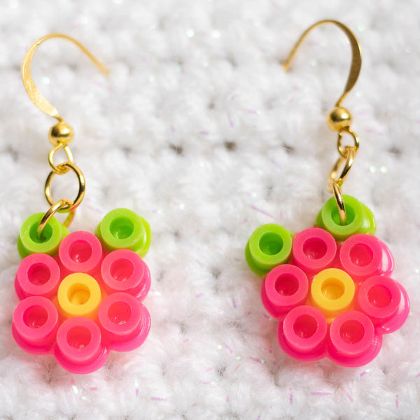 Magenta Flower Perler Bead Earrings