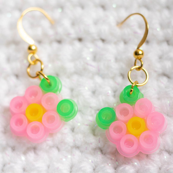 Pink Glow in the Dark Flower Perler Bead Earrings