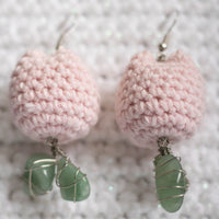 Light Pink Tulip Crochet Green Aventurine Crystal Earrings