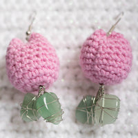 Pink Crochet Tulip Green Aventurine Crystal Earrings