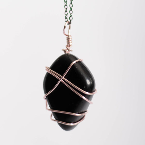 Black Obsidian Crystal Pendant Pink Wire