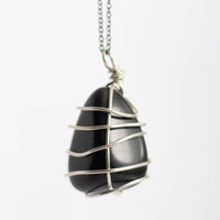 Black Obsidian Crystal Pendant Silver WIre