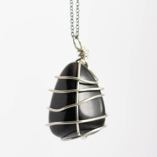 Black Obsidian Crystal Pendant Silver WIre