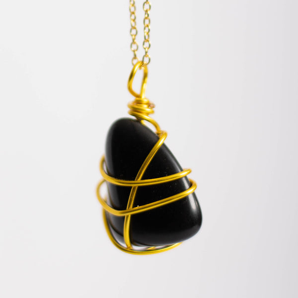 Black Obsidian Crystal Pendant Yellow Wire