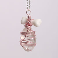 Clear Quartz Crystal Pendant Fake Bone Pink Wire