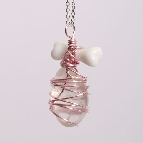 Clear Quartz Crystal Pendant Fake Bone Pink Wire